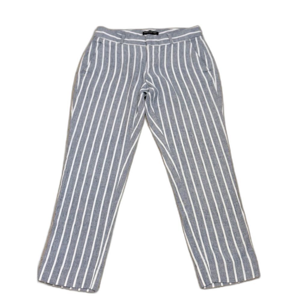 Banana Republic Grey Striped Linen Mid Rise Avery Ankle Length Pants Sz 0 EUC